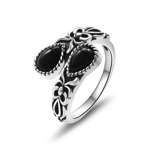 Women's Bohemian Retro Black Agate Spoon Moonstone Open Ring Copper Electroplated Geometric