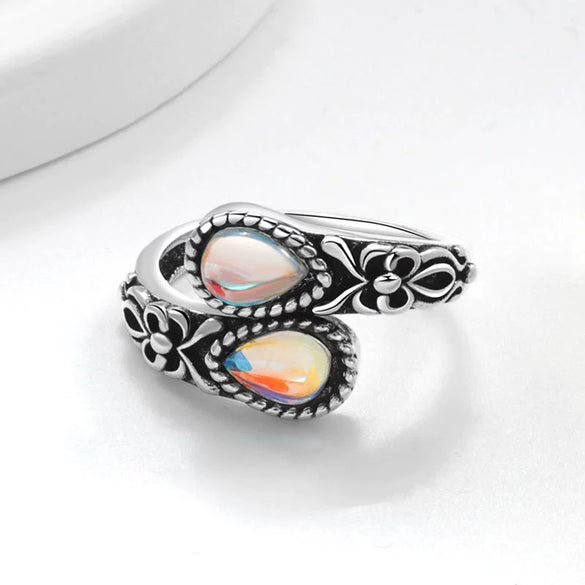 Women's Bohemian Retro Black Agate Spoon Moonstone Open Ring Copper Electroplated Geometric