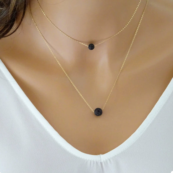 Women's Bohemian Retro Double Layer Volcanic Stone Necklace With Alloy Geometric Pendant Electroplated Fashion Jewelry