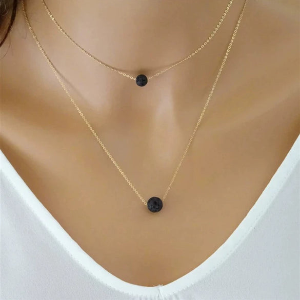 Women's Bohemian Retro Double Layer Volcanic Stone Necklace With Alloy Geometric Pendant Electroplated Fashion Jewelry