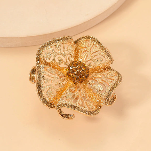 Women's Bohemian Retro Hollow Flower Open Ring With Alloy Diamond Accents Adjustable Fashion Statement Jewelry
