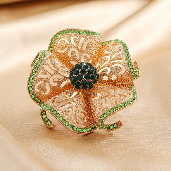 Women's Bohemian Retro Hollow Flower Open Ring With Alloy Diamond Accents Adjustable Fashion Statement Jewelry