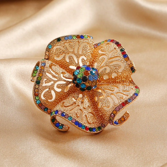 Women's Bohemian Retro Hollow Flower Open Ring With Alloy Diamond Accents Adjustable Fashion Statement Jewelry