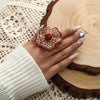 Women's Bohemian Retro Hollow Flower Open Ring With Alloy Diamond Accents Adjustable Fashion Statement Jewelry