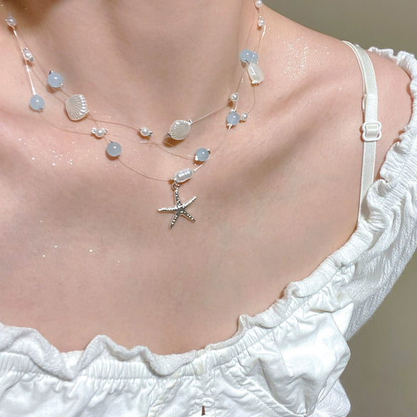 Women's Bohemian Starfish Conch Beaded Shell Clavicle Chain Handmade Alloy Necklace