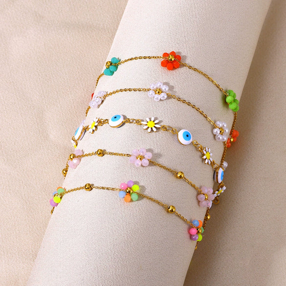Women's Bohemian Style Colorful Flower Anklet Jewelry Stainless Steel And Resin