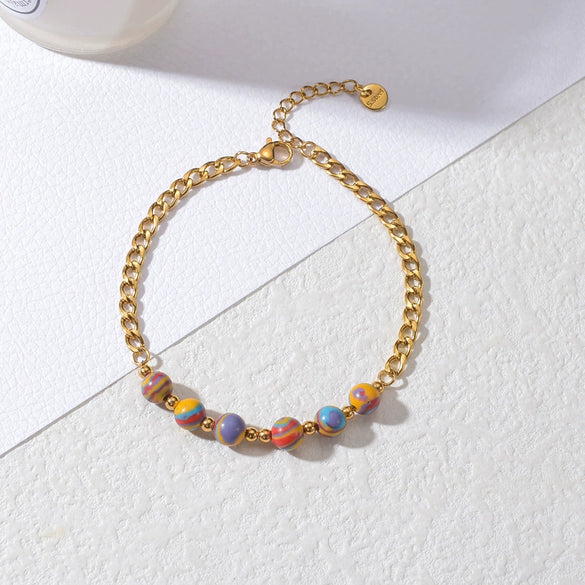 Women's Bohemian Style Geometric Stainless Steel Electroplated Beaded Bracelet