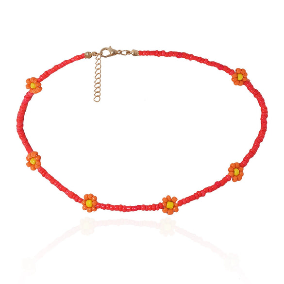 Women's Bohemian Style Handmade Daisy Flower Beaded Collarbone Necklace With Rice Beads And Ball Chain