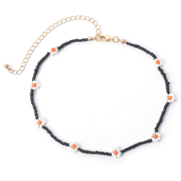 Women's Bohemian Style Handmade Daisy Flower Beaded Collarbone Necklace With Rice Beads And Ball Chain