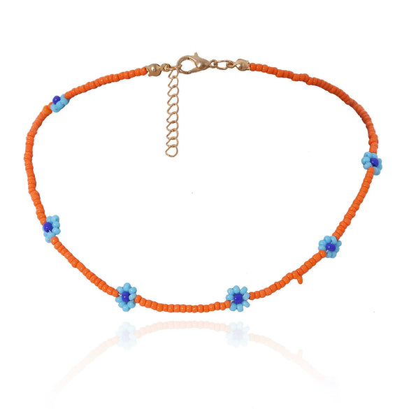 Women's Bohemian Style Handmade Daisy Flower Beaded Collarbone Necklace With Rice Beads And Ball Chain
