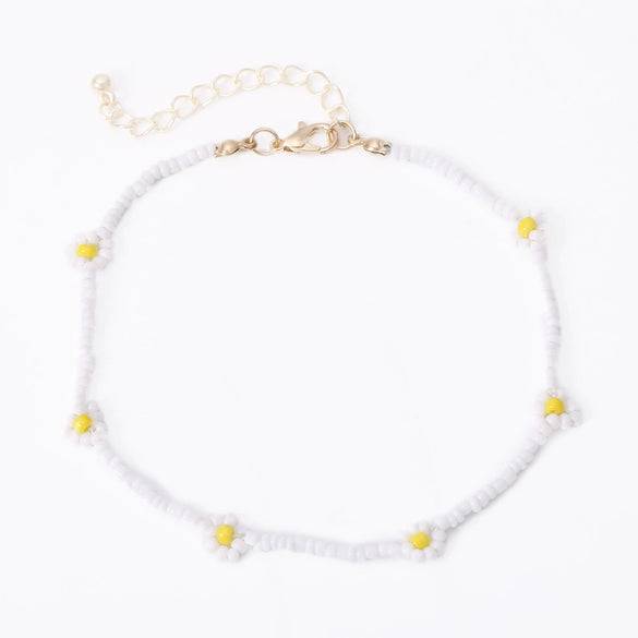Women's Bohemian Style Handmade Daisy Flower Beaded Collarbone Necklace With Rice Beads And Ball Chain