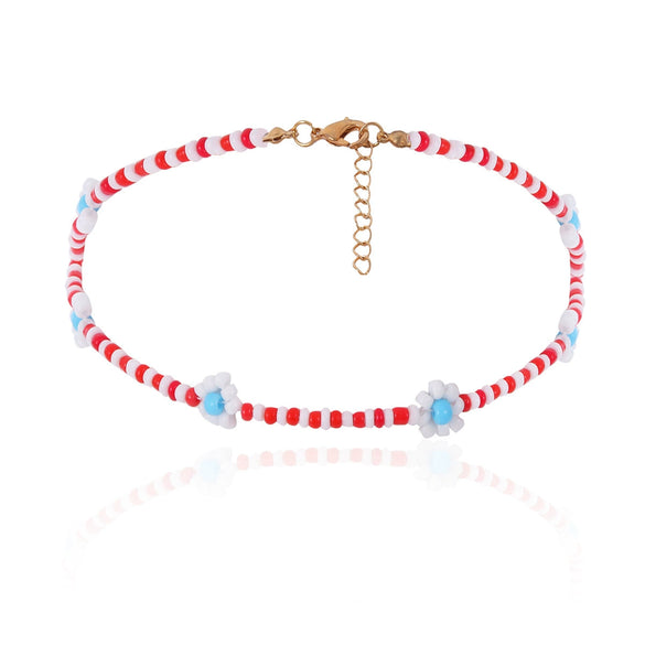 Women's Bohemian Style Handmade Daisy Flower Beaded Collarbone Necklace With Rice Beads And Ball Chain