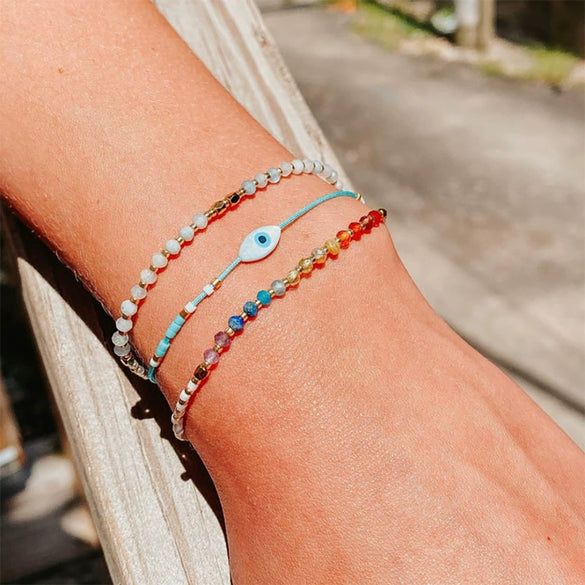 Women's Bohemian Style Handwoven Cord Bracelet With Geometric Pattern And Tianhe Stone Beads