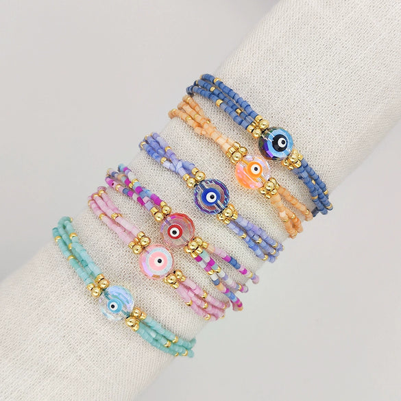Women's Bohemian Style Handwoven Glass And Glaze Beaded Bracelet With Geometric Pattern