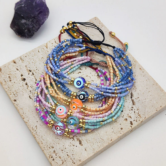 Women's Bohemian Style Handwoven Glass And Glaze Beaded Bracelet With Geometric Pattern