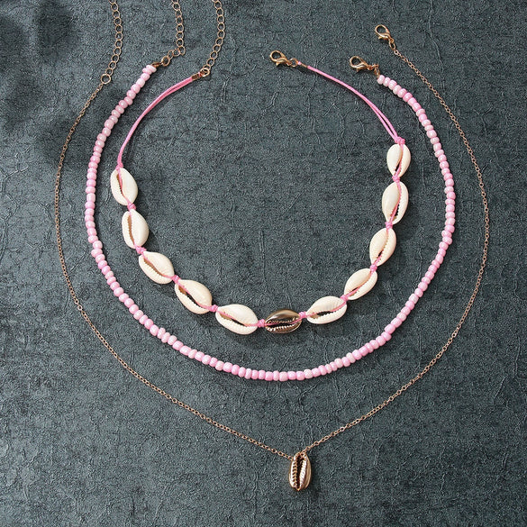Women's Bohemian Style Shell Multilayer Clavicle Chain Necklace With Geometric Pendant Handmade