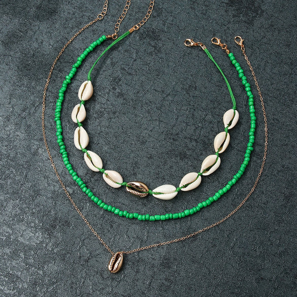Women's Bohemian Style Shell Multilayer Clavicle Chain Necklace With Geometric Pendant Handmade