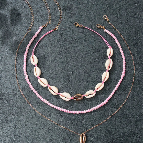 Women's Bohemian Style Shell Multilayer Clavicle Chain Necklace With Geometric Pendant Handmade