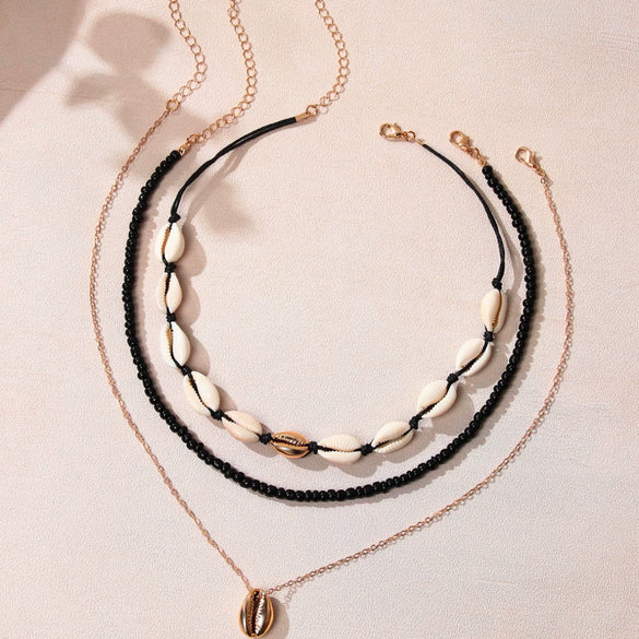Women's Bohemian Style Shell Multilayer Clavicle Chain Necklace With Geometric Pendant Handmade