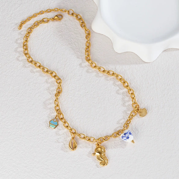 Women's Bohemian Style Stainless Steel Animal Zodiac Ceramic Necklace With Long O Shaped Chain And Electroplating