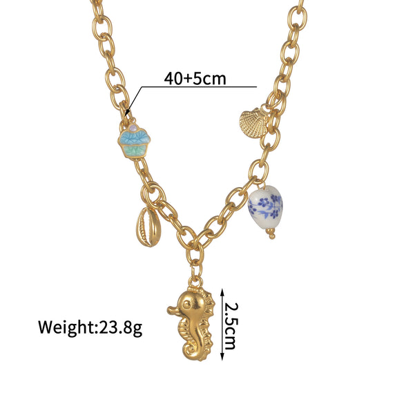 Women's Bohemian Style Stainless Steel Animal Zodiac Ceramic Necklace With Long O Shaped Chain And Electroplating