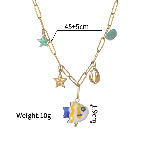 Women's Bohemian Style Stainless Steel Animal Zodiac Ceramic Necklace With Long O Shaped Chain And Electroplating