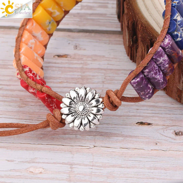 Women's Bohemian Style Synthetic Stone Cylindrical Bead Leather Rope Bracelet With Geometric Rainbow Beads And Electroplated Copper Alloy Accessories