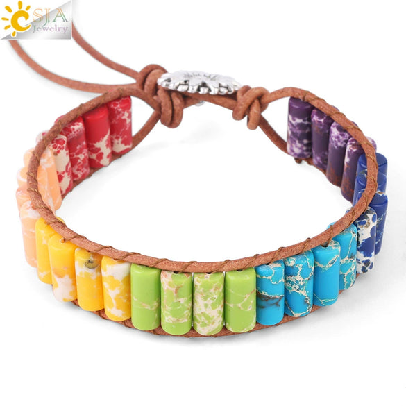 Women's Bohemian Style Synthetic Stone Cylindrical Bead Leather Rope Bracelet With Geometric Rainbow Beads And Electroplated Copper Alloy Accessories