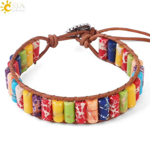 Women's Bohemian Style Synthetic Stone Cylindrical Bead Leather Rope Bracelet With Geometric Rainbow Beads And Electroplated Copper Alloy Accessories