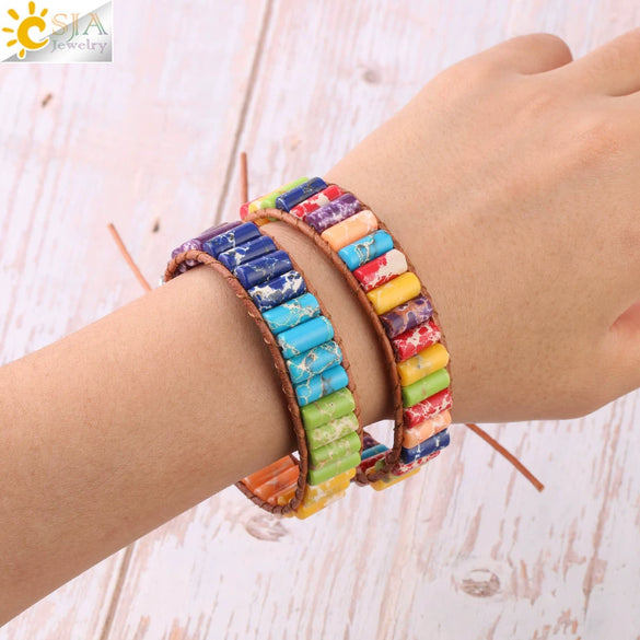 Women's Bohemian Style Synthetic Stone Cylindrical Bead Leather Rope Bracelet With Geometric Rainbow Beads And Electroplated Copper Alloy Accessories