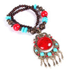Women's Bohemian Woven Rice Bead Long Necklace With Geometric Alloy Pendant Ball Chain Sweater Necklace