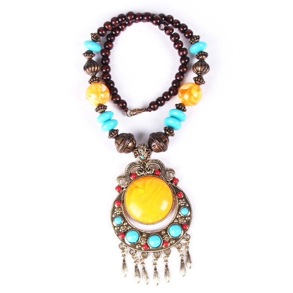 Women's Bohemian Woven Rice Bead Long Necklace With Geometric Alloy Pendant Ball Chain Sweater Necklace