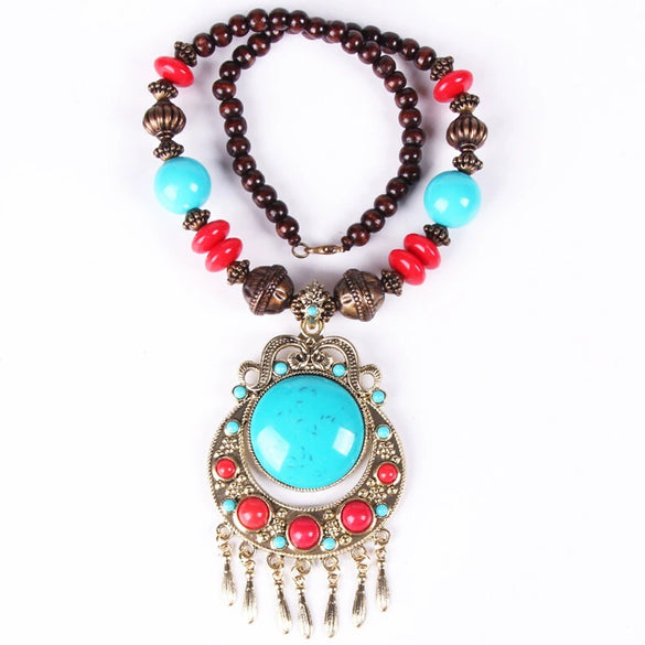 Women's Bohemian Woven Rice Bead Long Necklace With Geometric Alloy Pendant Ball Chain Sweater Necklace