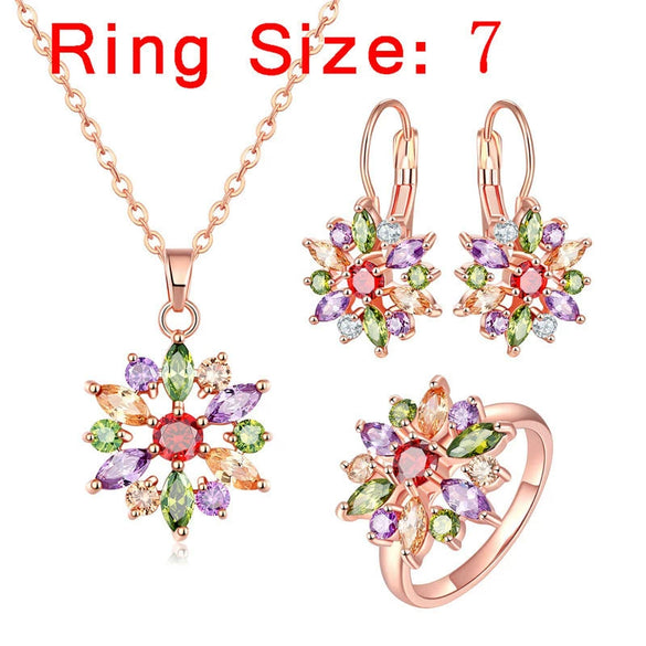 Women's Bohemian Zircon Jewelry Set With Plant Flower Design Snowflake Earrings Necklace And Bracelet