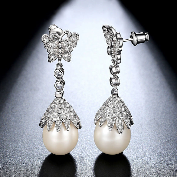Women's Bow Earrings With Shell Beads Pearl And Zircon Accents Copper Fashion Jewelry