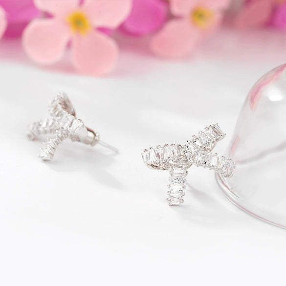 Women's Bow Earrings With Square Zircon Accents Electroplated Copper Fashion Jewelry For Wholesale