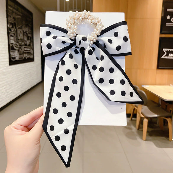 Women's Bow Ribbon Silk Scarf Hair Tie Pearl Accent All Match Headband Hair Accessory