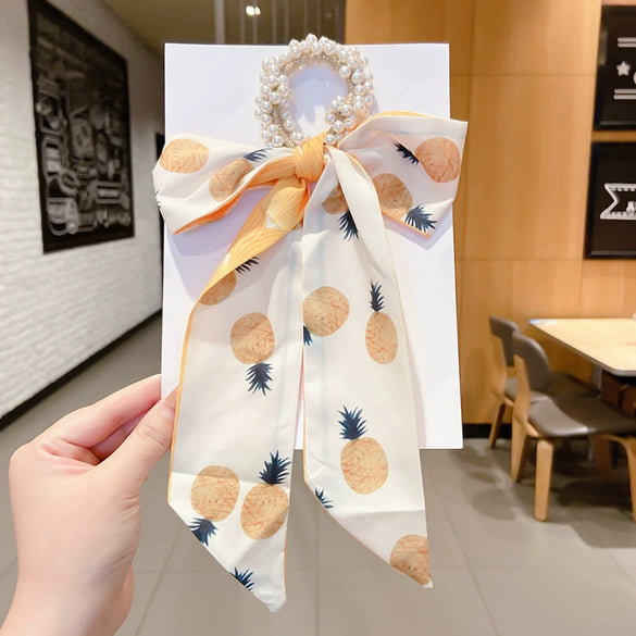 Women's Bow Ribbon Silk Scarf Hair Tie Pearl Accent All Match Headband Hair Accessory