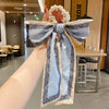 Women's Bow Ribbon Silk Scarf Hair Tie Pearl Accent All Match Headband Hair Accessory