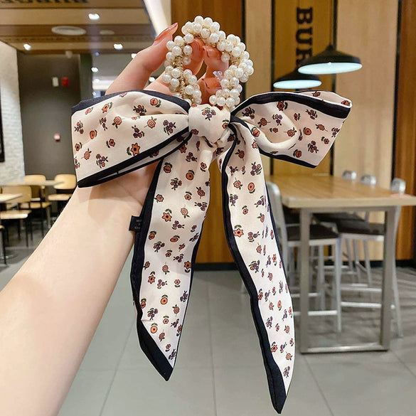 Women's Bow Ribbon Silk Scarf Hair Tie Pearl Accent All Match Headband Hair Accessory
