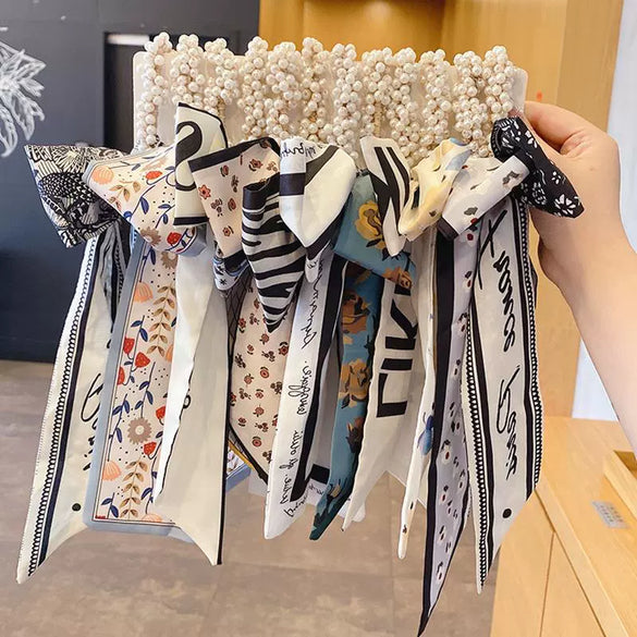 Women's Bow Ribbon Silk Scarf Hair Tie Pearl Accent All Match Headband Hair Accessory