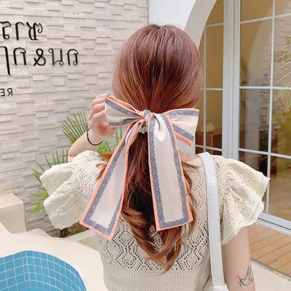 Women's Bow Ribbon Silk Scarf Hair Tie Pearl Accent All Match Headband Hair Accessory