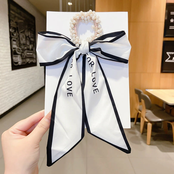 Women's Bow Ribbon Silk Scarf Hair Tie Pearl Accent All Match Headband Hair Accessory