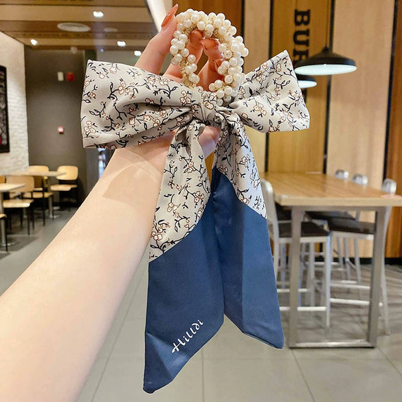 Women's Bow Ribbon Silk Scarf Hair Tie Pearl Accent All Match Headband Hair Accessory