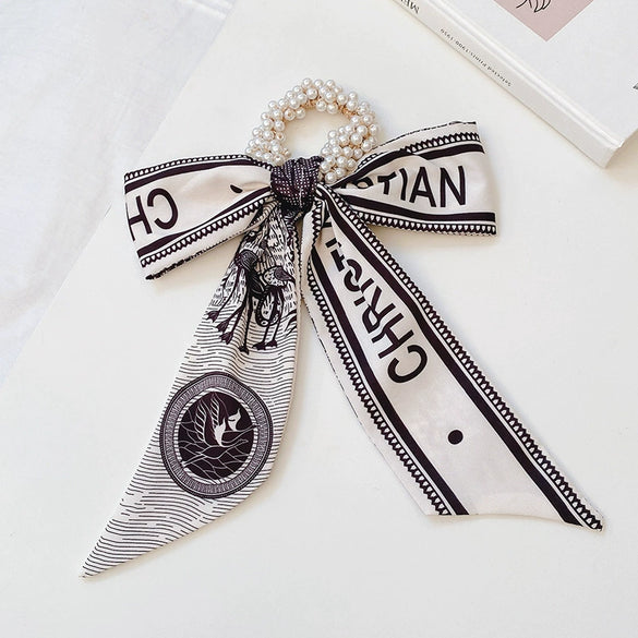 Women's Bow Ribbon Silk Scarf Hair Tie Pearl Accent All Match Headband Hair Accessory