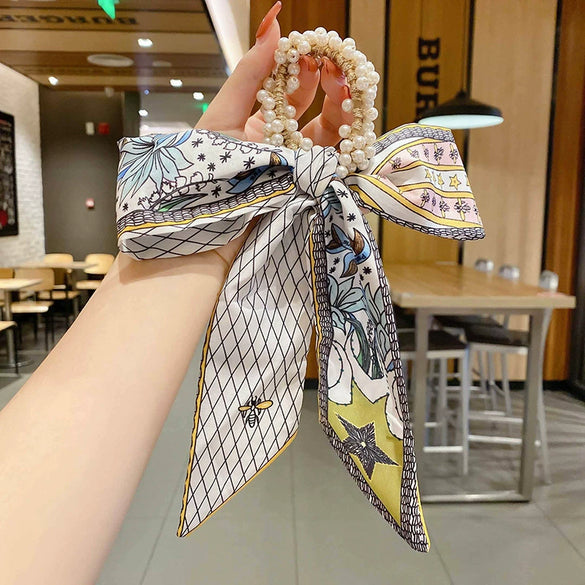 Women's Bow Ribbon Silk Scarf Hair Tie Pearl Accent All Match Headband Hair Accessory