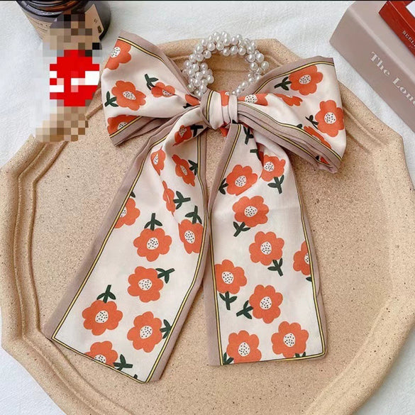 Women's Bow Ribbon Silk Scarf Hair Tie Pearl Accent All Match Headband Hair Accessory