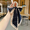 Women's Bow Ribbon Silk Scarf Hair Tie Pearl Accent All Match Headband Hair Accessory