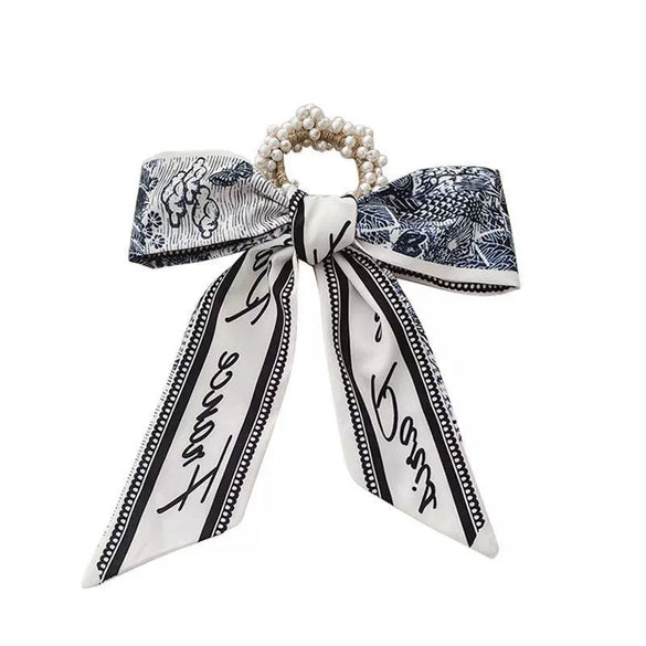 Women's Bow Ribbon Silk Scarf Hair Tie Pearl Accent All Match Headband Hair Accessory