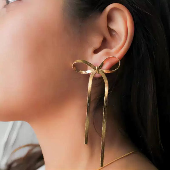 Women's Bow Tassel Titanium Steel Earrings With Electroplating